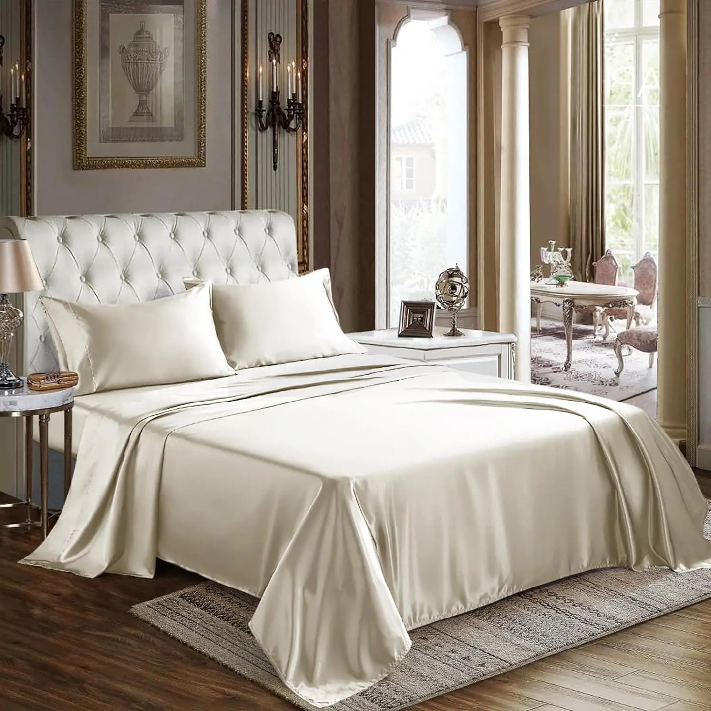 Satin Sheets Queen Size 4 Piece Bed Sheet Set with Silky Deep Pocket Fitted Sheet Flat Sheet and 2 Pillowcases
