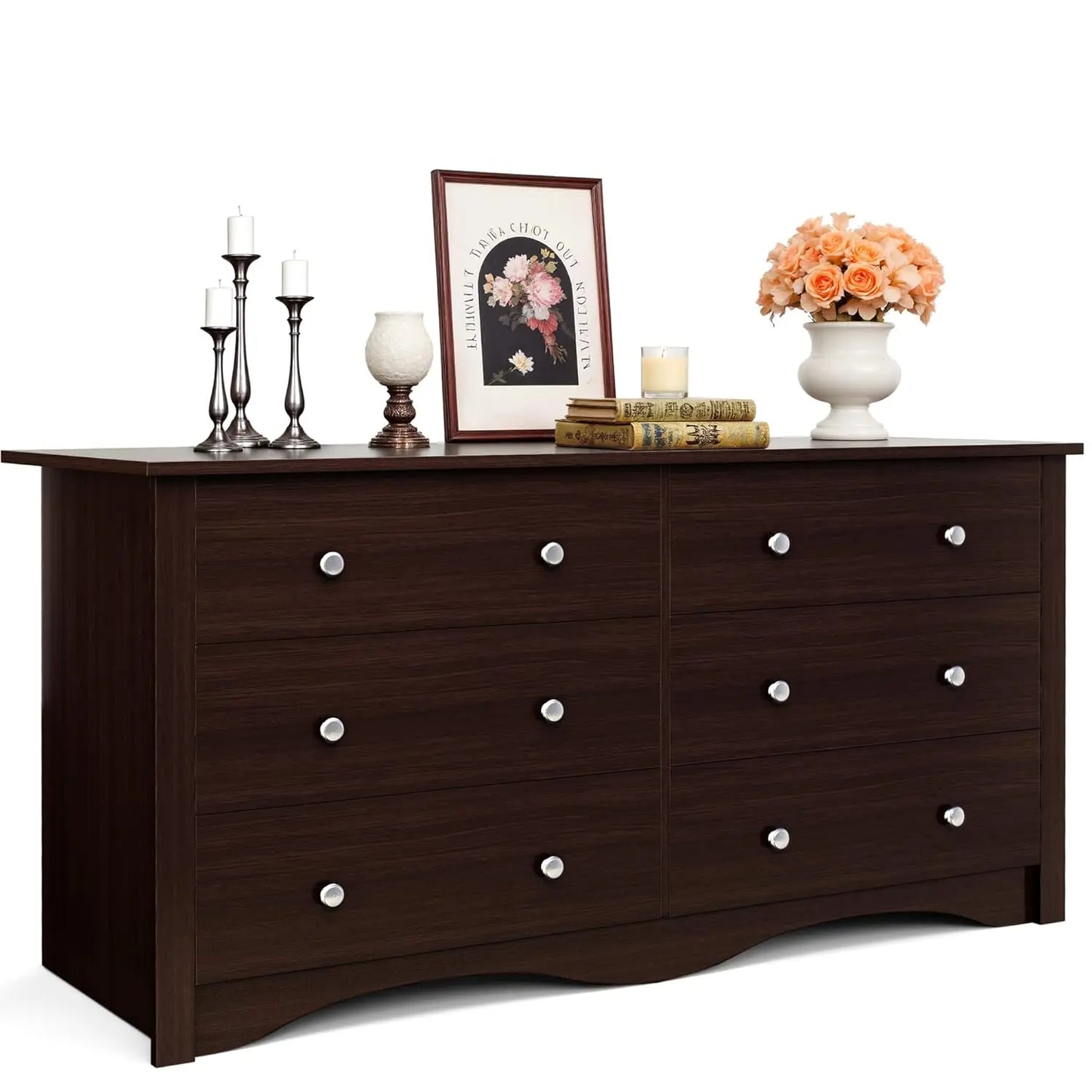 6 Drawer Wood Dresser Wide Storage Tower Modern Bedroom Living Room Hallway Entryway Dark Brown, Customized