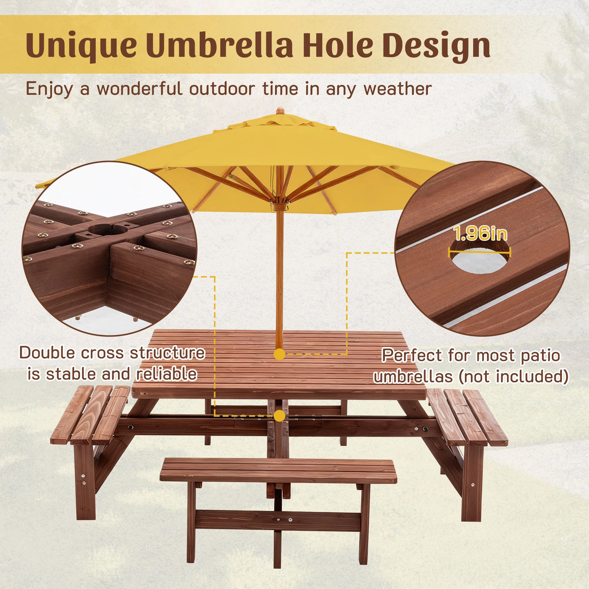 8 Person Square Picnic Table Umbrella Hole Waterproof Reinforced Structure Easy Clean Outdoor Dining Set Backyard Garden Camping