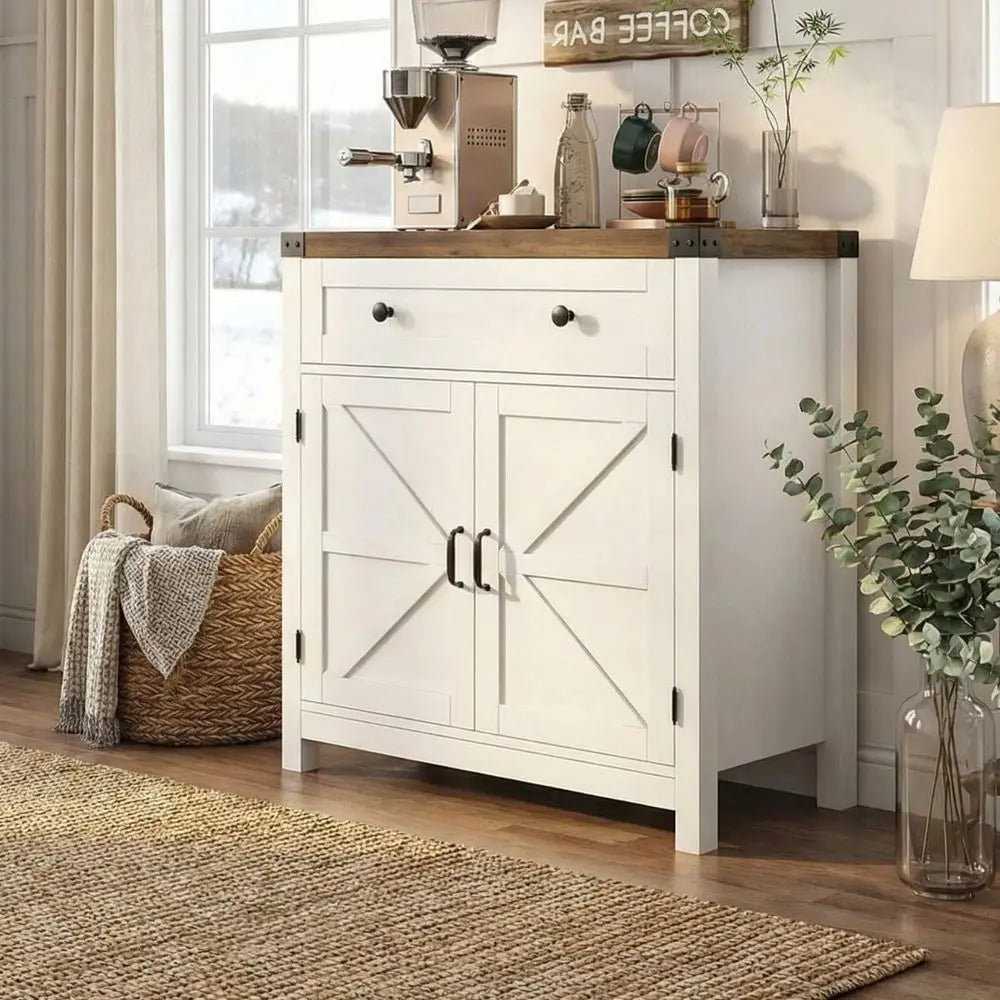 White Barn Door Accent Cabinet for Kitchen, Dining, and Entryway Storage with Drawer and Adjustable Shelves