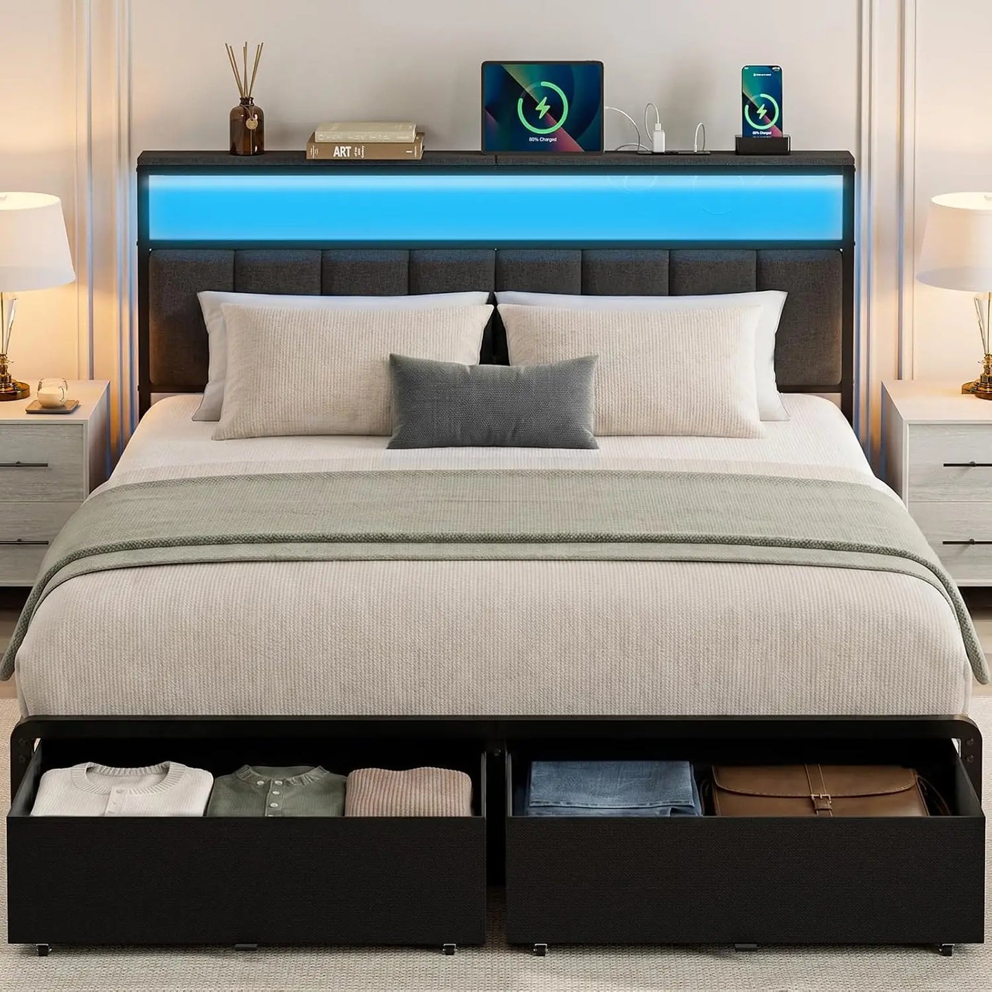 Luxury Upholstered Bed Frame With Spacious Storage Drawers