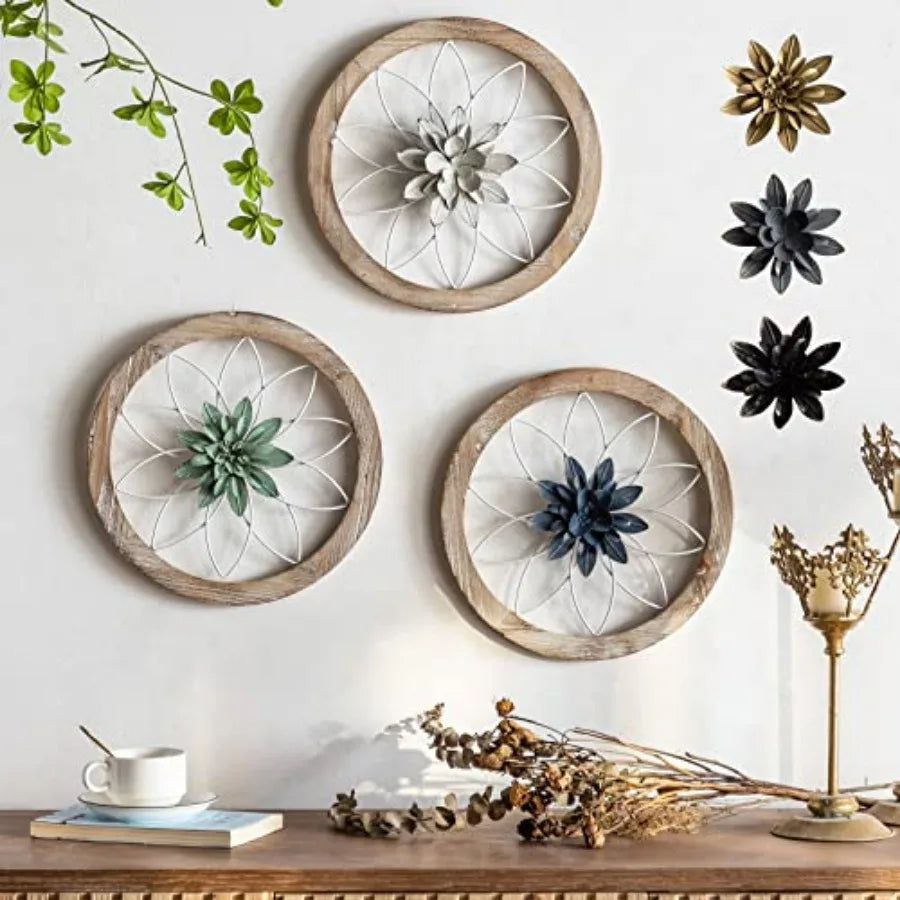 3 Pcs Round Farmhouse Wall Decor with 6 Pcs Interchangeable Flowers 12'' Medallion Wood and Metal Rustic Wall Art for Living Ro