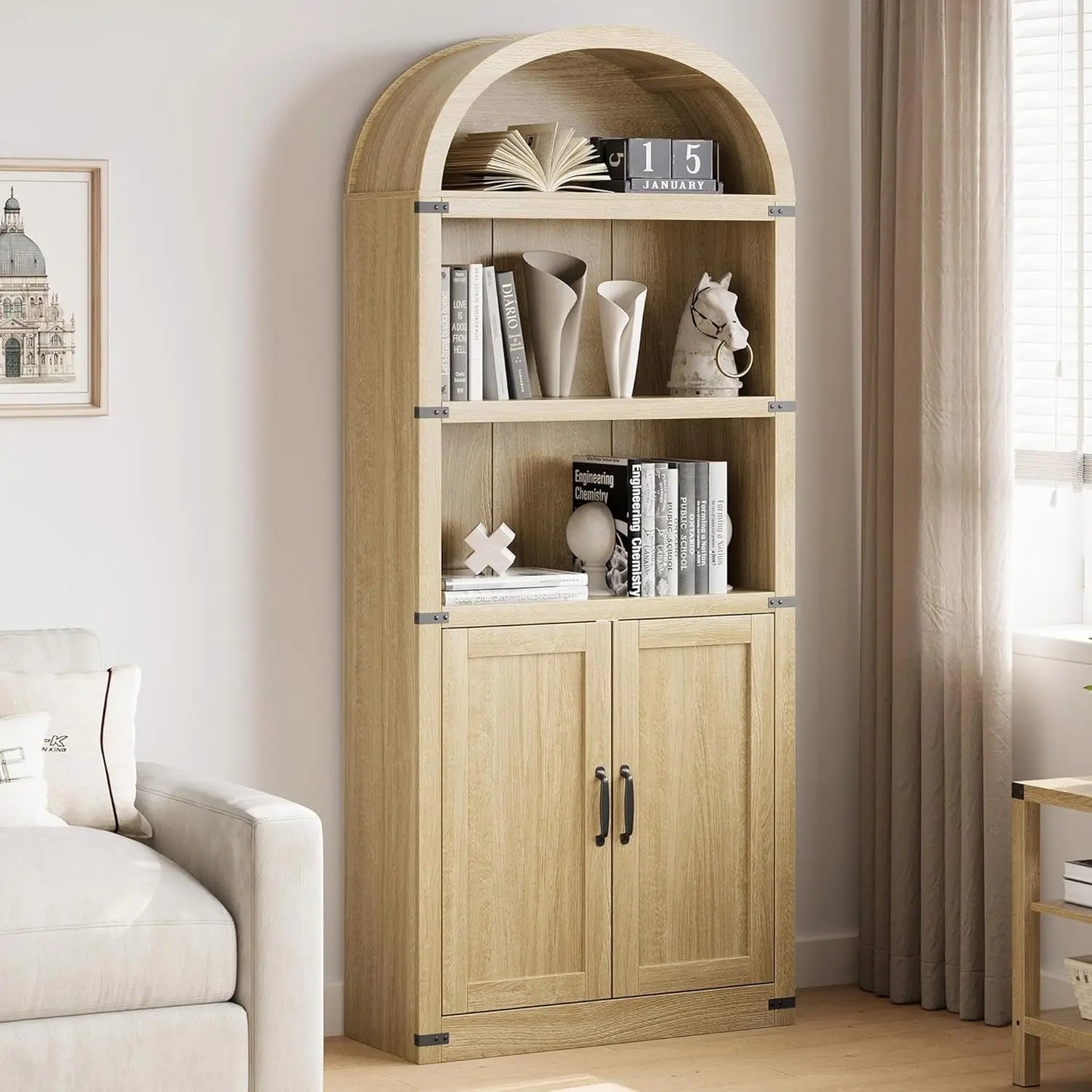 Bookcase with Doors Arched Bookshelf 71.65in Tall Bookcase Farmhouse Cabinet with Shelves Wooden Bookshelves for Home Office