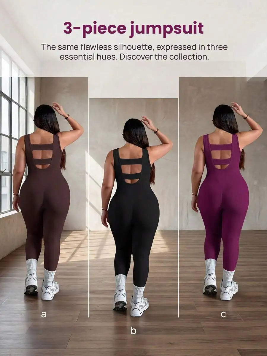 Rhythm Era 1pc Plus Size Black Backless Jumpsuit, Comfortable Stretchy Seamless Knit Yoga & Fitness Activewear