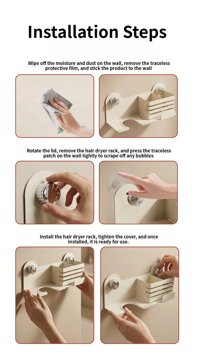 Strong Vacuum Suction Cup Bathroom Storage Rack, Punch Free Wall Mount Hair Dryer Holder