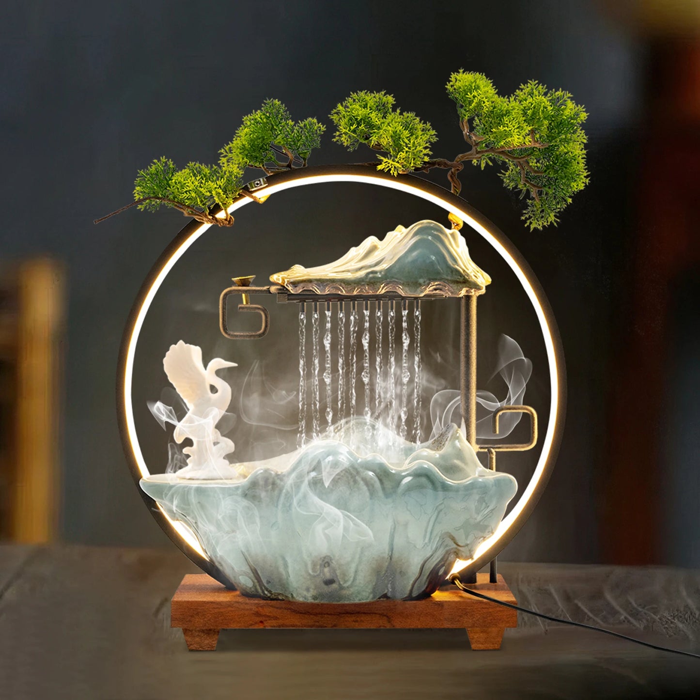 Black Manual Tabletop Water Fountain,Indoor Ceramic Waterfall with LED Light Mist Desk Fountain for Decorative Item
