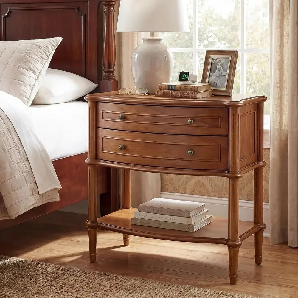 Wide Nightstand w/Charging Station & 2 Ders, Pre-Assembled, Vintage Side Table w/Antique-inished Pulls, Rustic Wood inish, End T