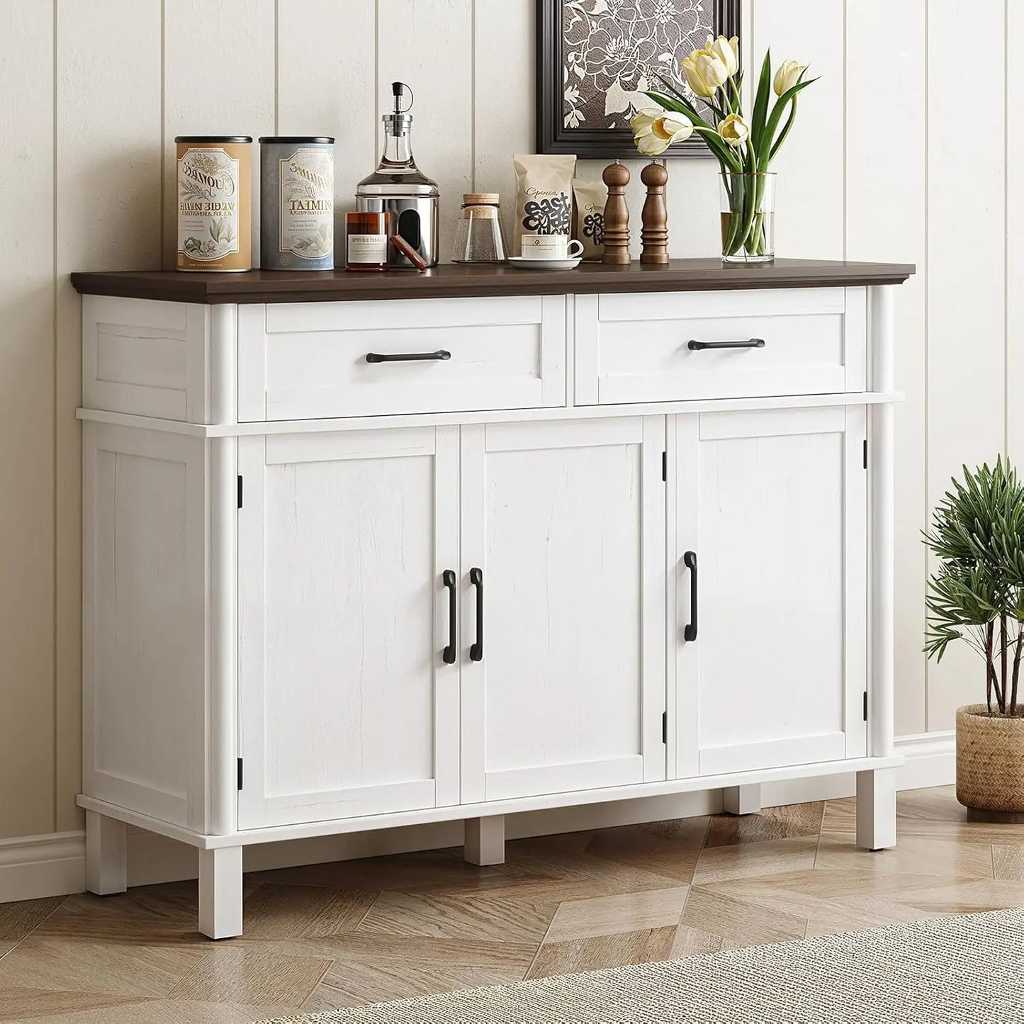 48 Inch Farmhouse Buffet Cabinet with 3 Doors & 2 Drawers, Wood Coffee Bar Storage Cabinet Adjustable Shelves for Kitchen Living Room