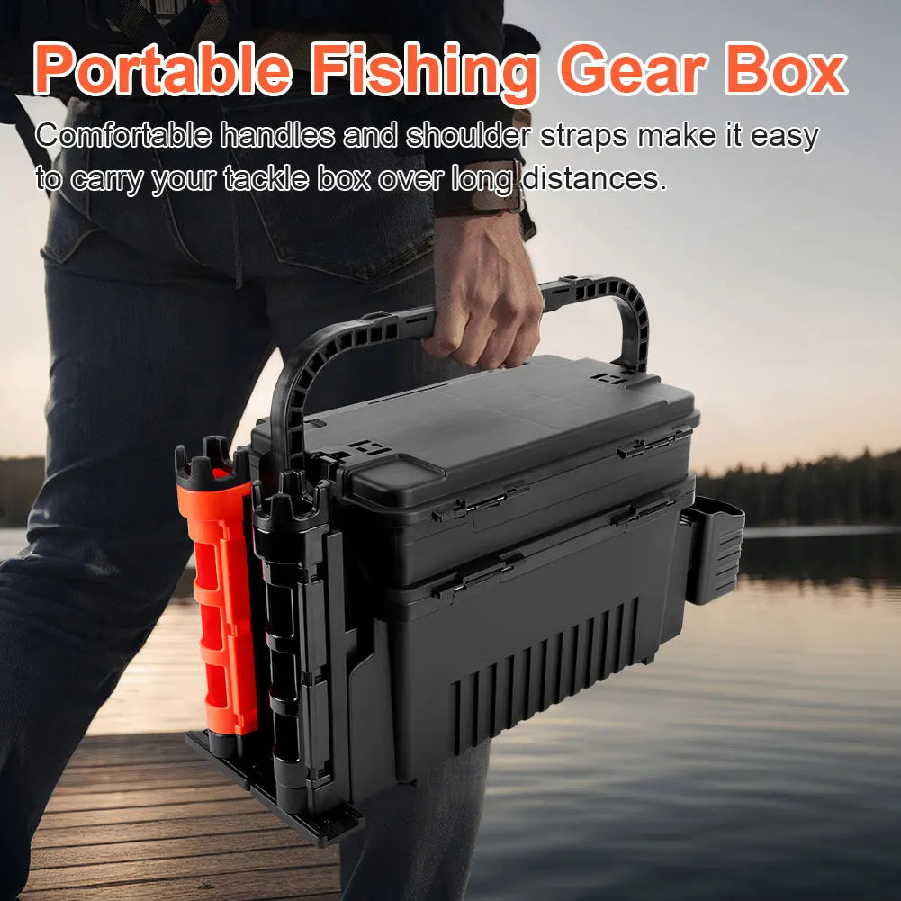 2 Tier Fishing Tackle Box Fishing Gear Box with Cup & Rod Holder Fishing Tackle Storage Box Fishing Tool Box Fishing Accessories