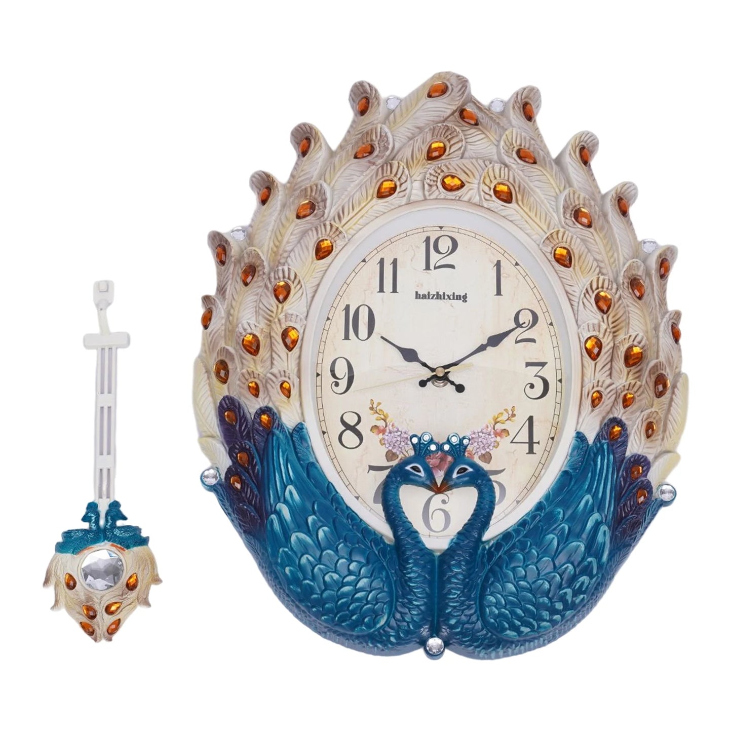 Blue Peacock Wall Clock,Silent Wall-mounted Metal Pendulum Clock 37*60cm with Luxury Crystal for Living Room,Hallways