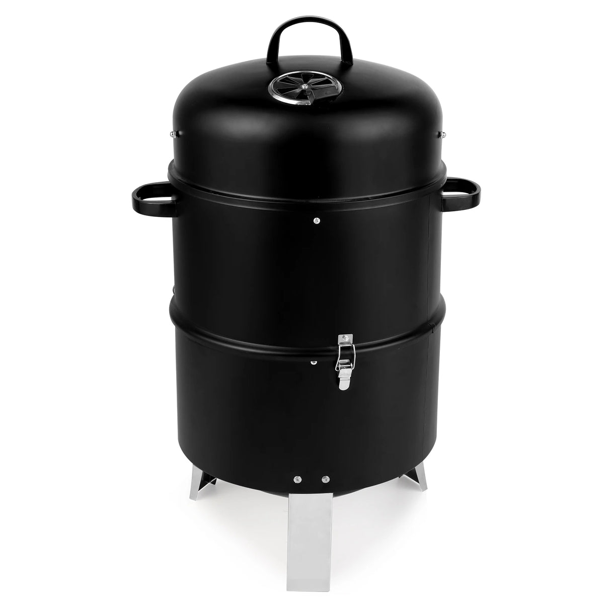 Vertical Steel Charcoal Smoker Heavy Duty Double Layer Round BBQ Grill for Outdoor Cooking Black with Thermometer Chrome Grates