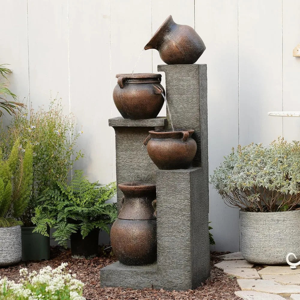 Cascading Modern Water Fountain with Warm Lights for Garden