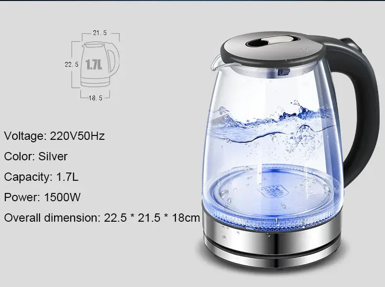 Electric Glass Kettle 1.5L Borosilicate Tea Pot with Heating Base Fast Boil Water Heater for Home Office Tea Coffee