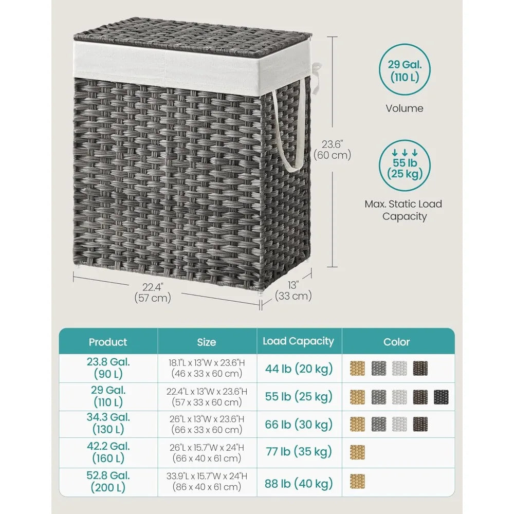 Large 110L Laundry Hamper with Lid, 2 Removable Liners & 6 Mesh Bags, Breathable Wicker Basket for Family Bathroom Storage