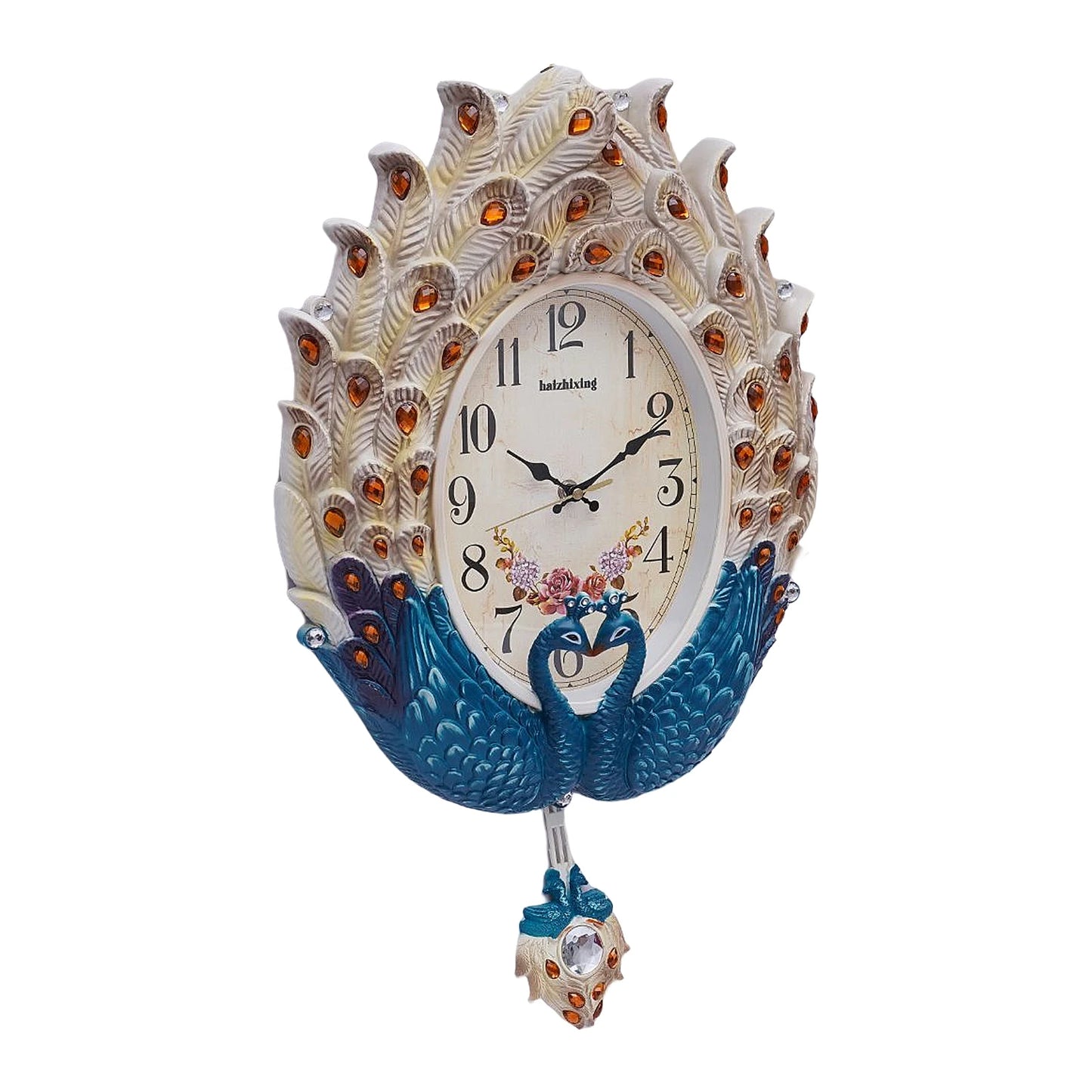 Blue Peacock Wall Clock,Silent Wall-mounted Metal Pendulum Clock 37*60cm with Luxury Crystal for Living Room,Hallways