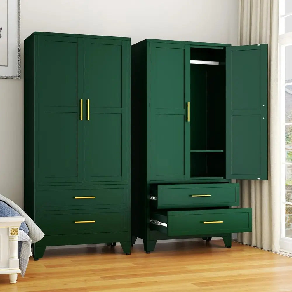 Green Metal Wardrobe Cabinet with Hanging Rod, 2 Doors, Adjustable Shelf, Drawers for Bedroom, Closet, and Storage