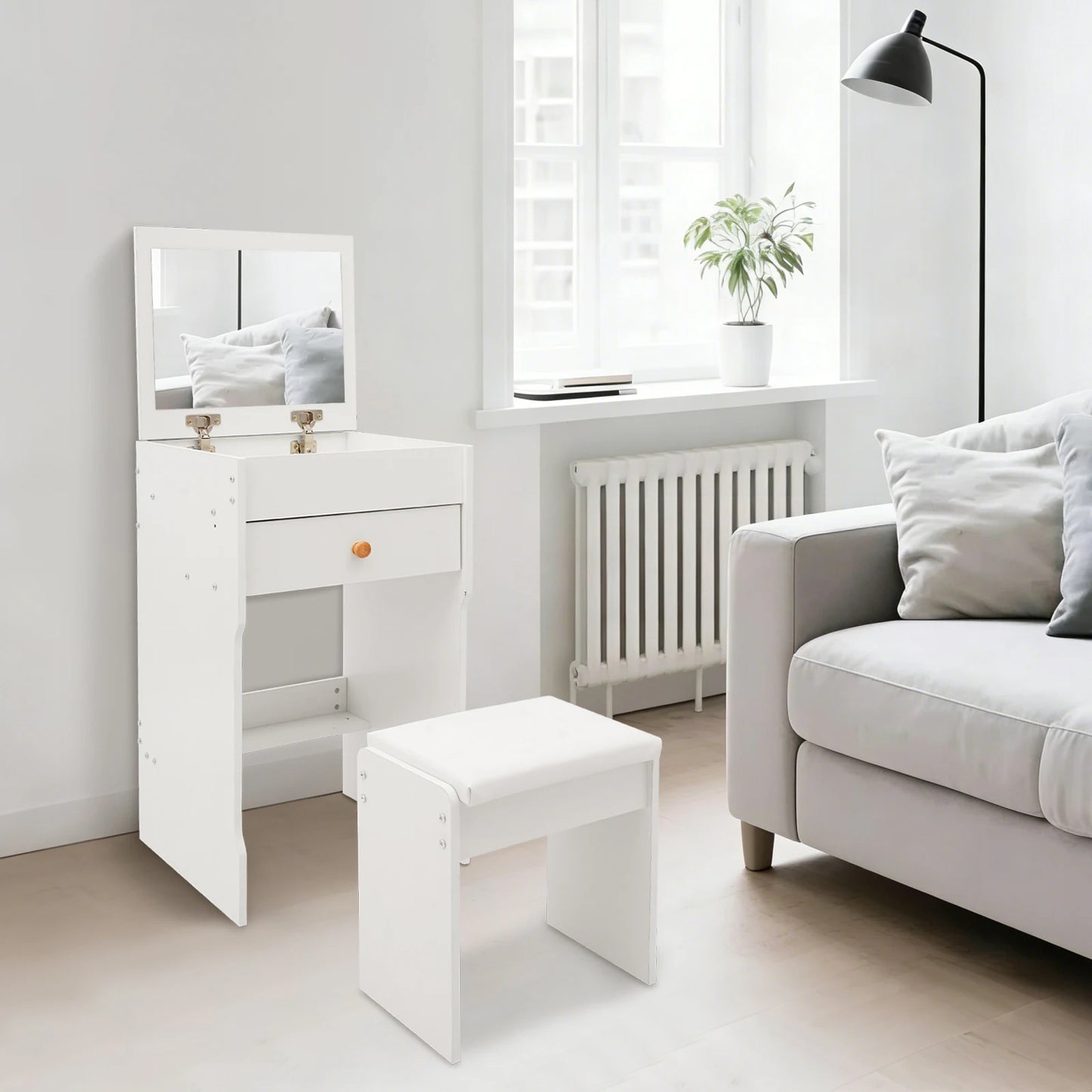 Vanity Dressing Table with Mirror and Stool 15.8" White Compact Storage Desk for Bedroom Dormitory Studio Apartment