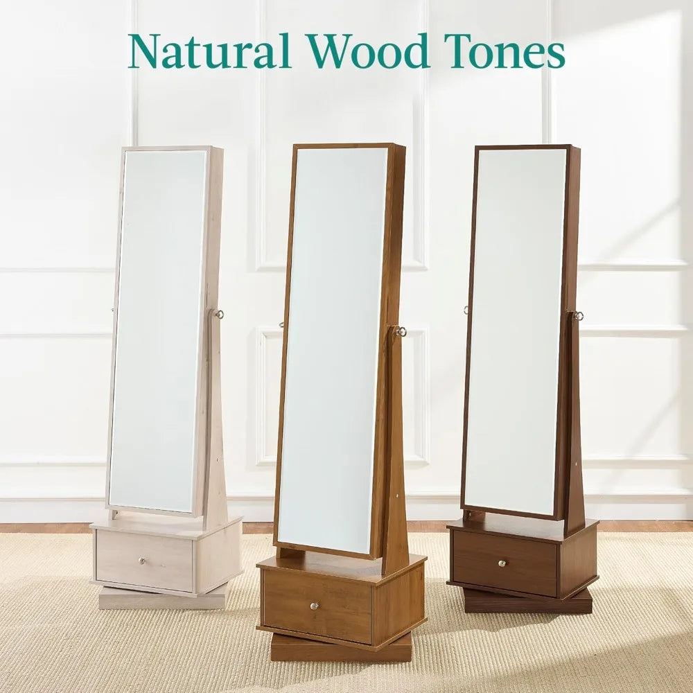 360 Swivel Mirrored Jewelry Cabinet, Standing Armoire, Makeup Storage Organizer, w/LED-lit Mirror, 3 Shelve