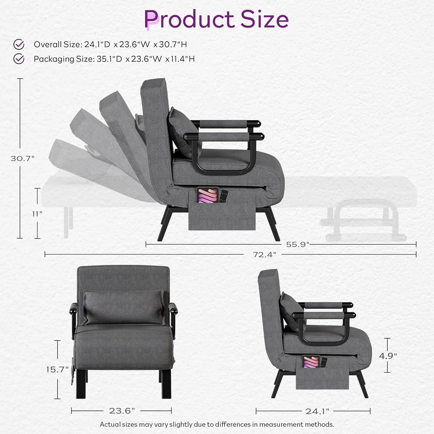 Convertible Sleeper Chair Bed Adjustable Backrest Side Pockets Pillow for Small Spaces Office Dark Grey