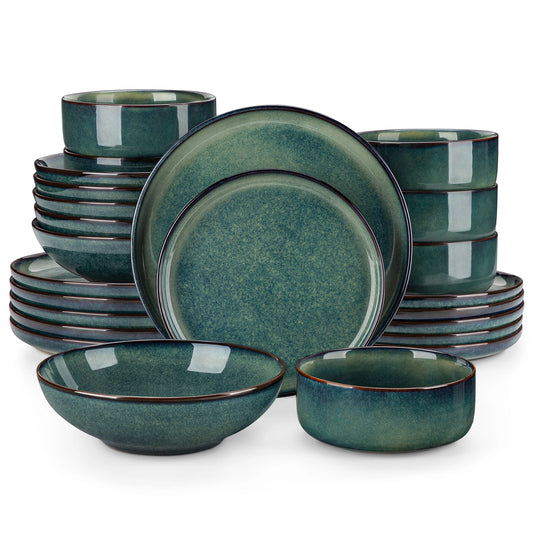 vancasso 24 Piece Green Klin Change Glaze Stoneware Set Dinnerware Set with 6pcs Dinner Plate/Dessert Plate/Soup Plate/Bowl