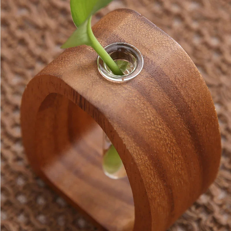 Premium Solid Wood Floral Vase With Glass Plant Insert