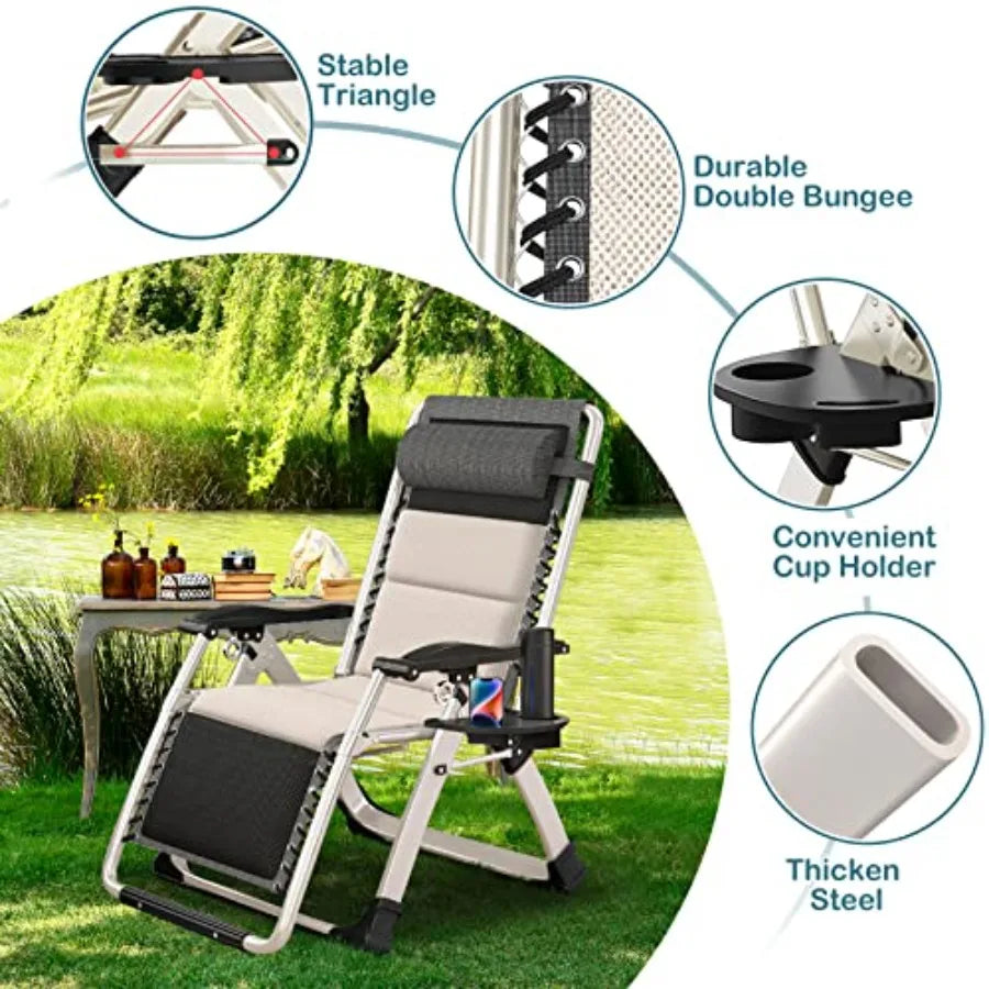 Padded Zero Gravity Chair Folding Outdoor Lounge Chairs Adjustable Reclining Camping Chairs with Cup Holder Ergonomic Patio Law