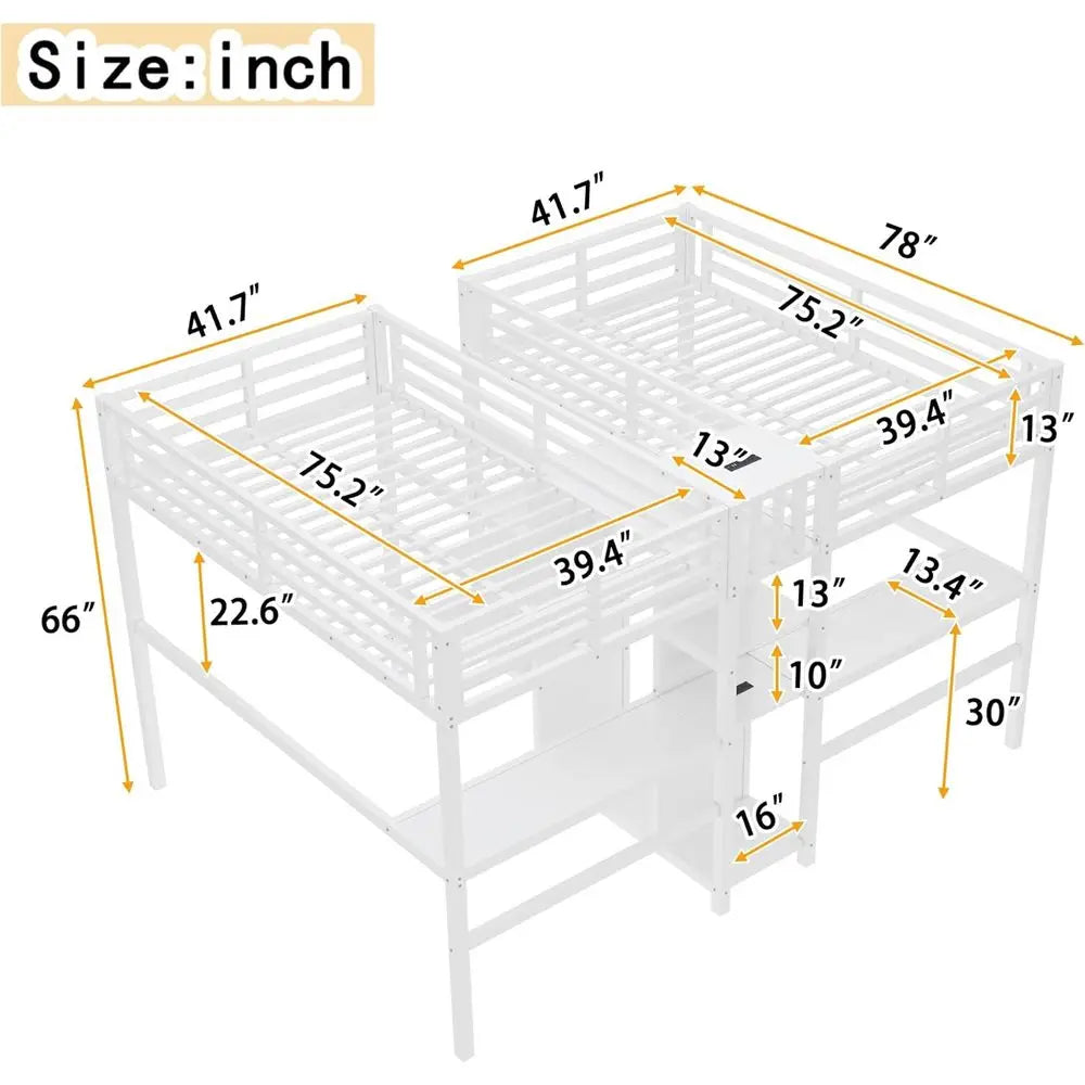 Twin Size Metal Bunk Bed with Desk, Charging Station, Wardrobe, and Storage Shelves, White