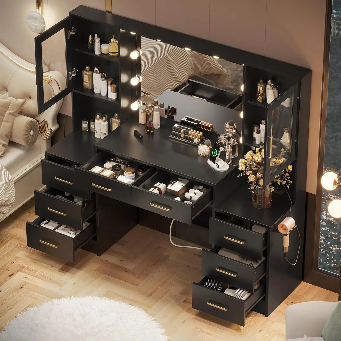 Black Vanity Desk with Mirror, Lights & Charging Station, 58.3" Makeup Table with 8 Drawers and Storage