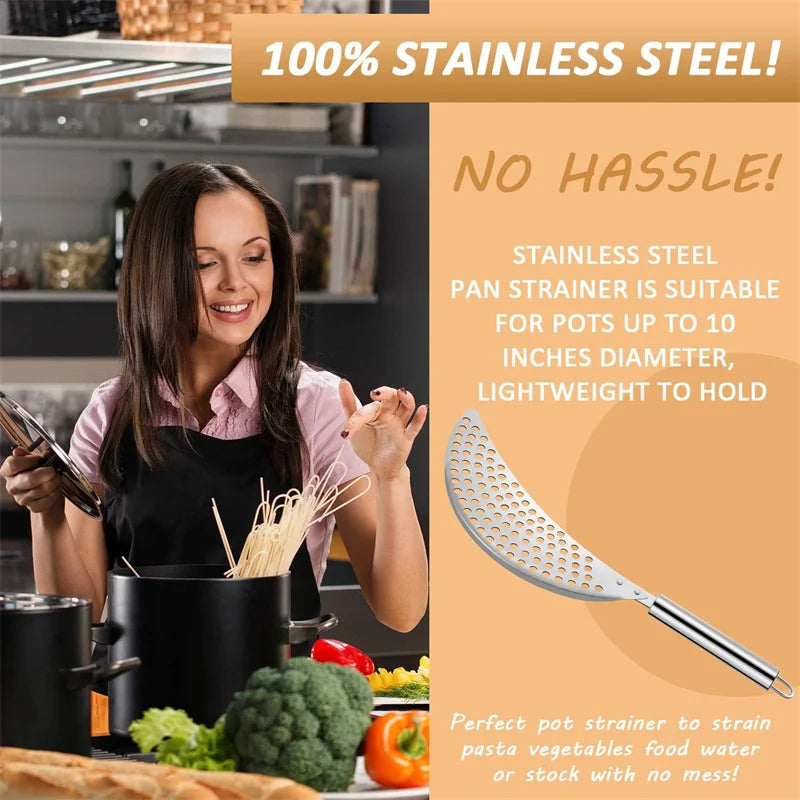 Stainless Steel Pot Strainer Kitchen Colander with Handle Held Crescent Drainer Pan Crescent Pot Strainer Pasta Noodles Strainer