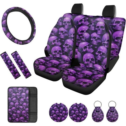 Skull Printed Car Seat Covers 12 Piece Set for Easy Installation with Breathable Steering Wheel Cover and Armrest Pad Cover Ide