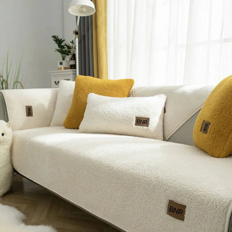 Solid Color Lamb Wool Anti Cat Scratch Sofa Cover Sofa Towel Living Room Anti Slip Dust Cover Warm Cushion Couch Protector