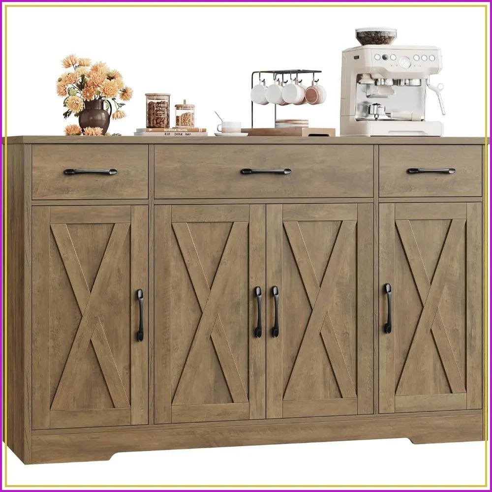 HOSTACK Kitchen Buffet Cabinet with Doors & Drawers, 55"W Farmhouse Sideboard, Adjustable Shelves
