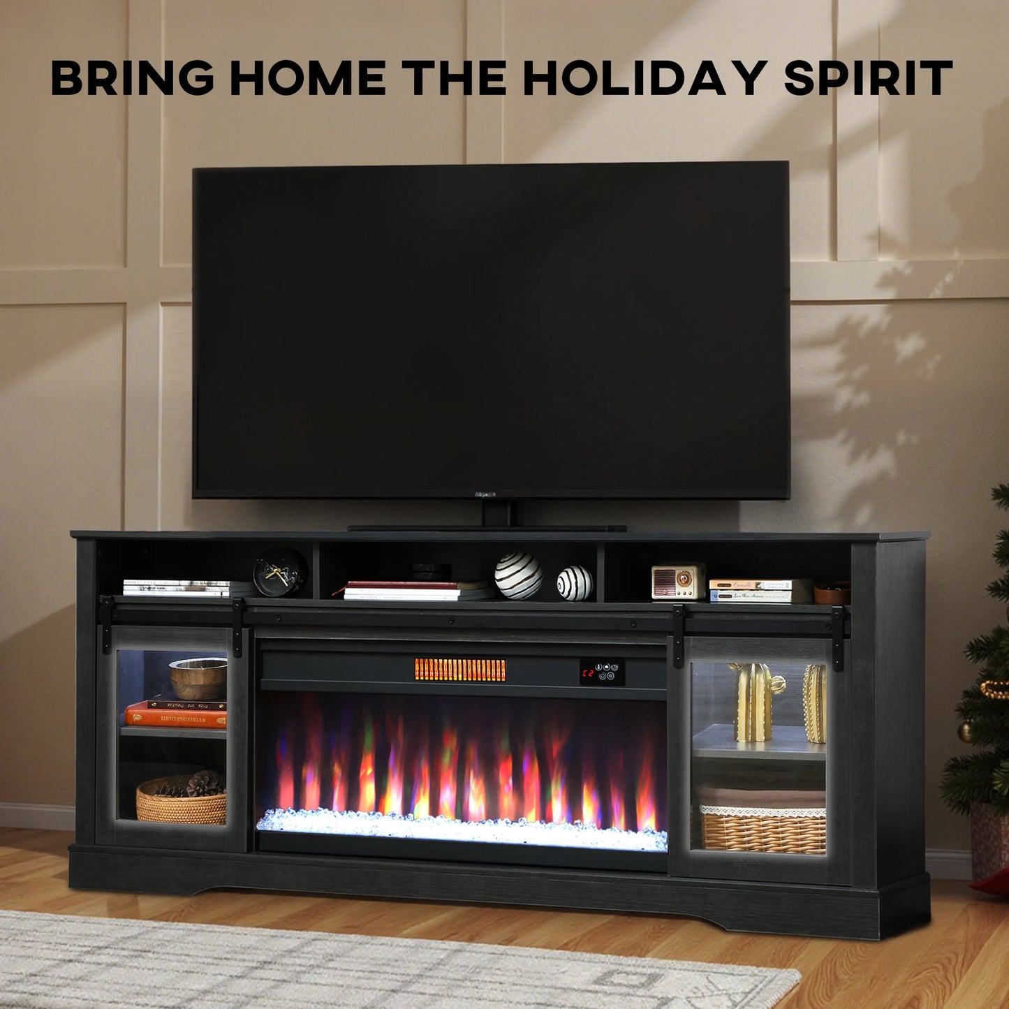 Fireplace TV Stand for TVs Up to 80 Inches, Modern Entertainment Center with 36" Glass Electric Fireplace & LED Lights, TV Console with Open Storage and Side Cabinets for Living Room, Black