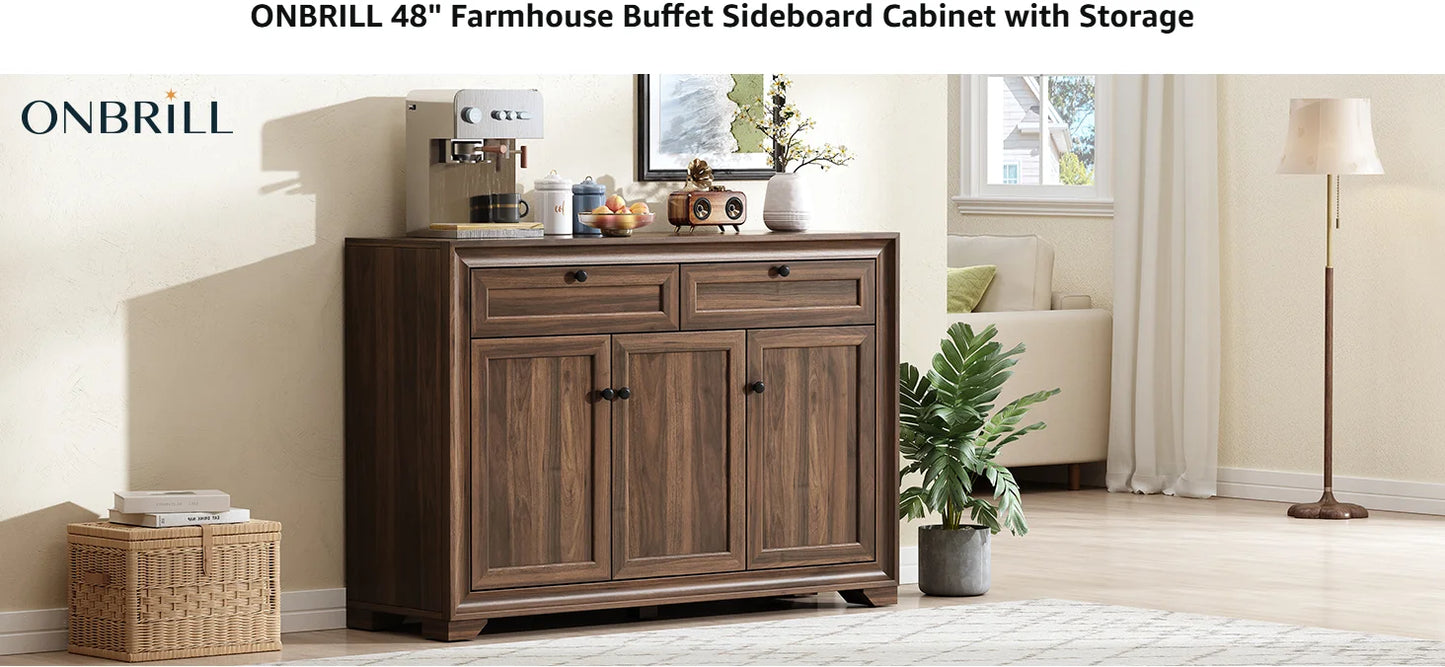 48" Sideboard Storage Cabinet with 2 Drawers + 3 Doors | Wood Coffee Bar Cabinet, Buffet Table Adjustable Shelves Farmhouse Style for Home Kitchen Living Room