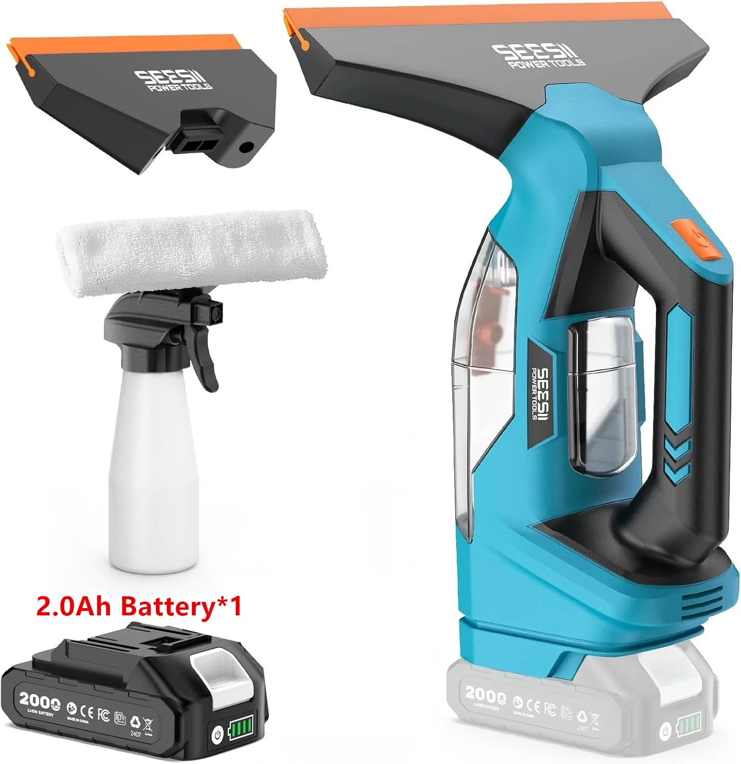 SEESII Cordless Window Vacuum Cleaner 2000PA Suction Power 4.0mAh Battery Windown Spray Cleaning Tool Set with Squeegee Blade for Mirror Glass Countertop Tile