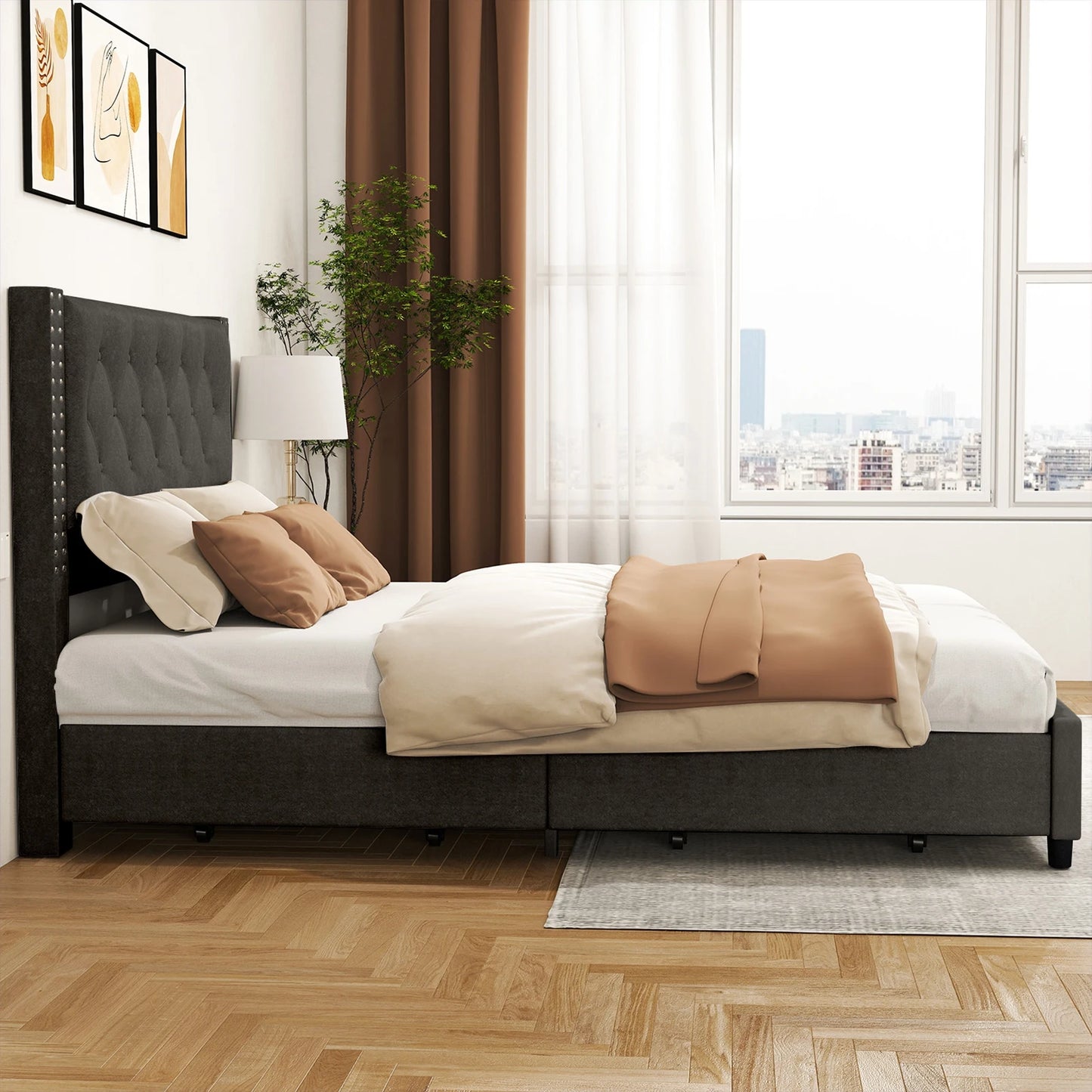 81.50×55.12×48.43inch Full Size Bed Frame w Upholstered Button Tufted Headboard Wood Slat Support Metal Platform Bed Frame