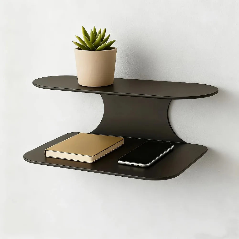 Metal Wall Shelf, 2-Tier Black Floating Nightstand, Wall-Mounted Side Table for Bedroom Plants Books Storage
