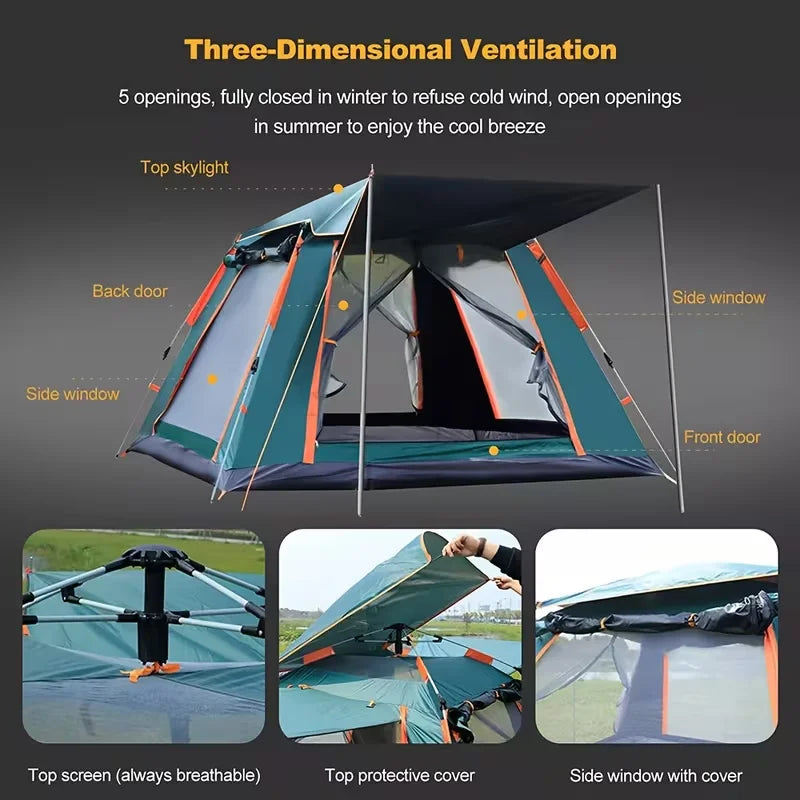 Automatic Open Camping Tent Waterproof Sun-Protection Beach Camping Tent Foldable Anti-UV Shade 3-6 People Outdoor Family Tents