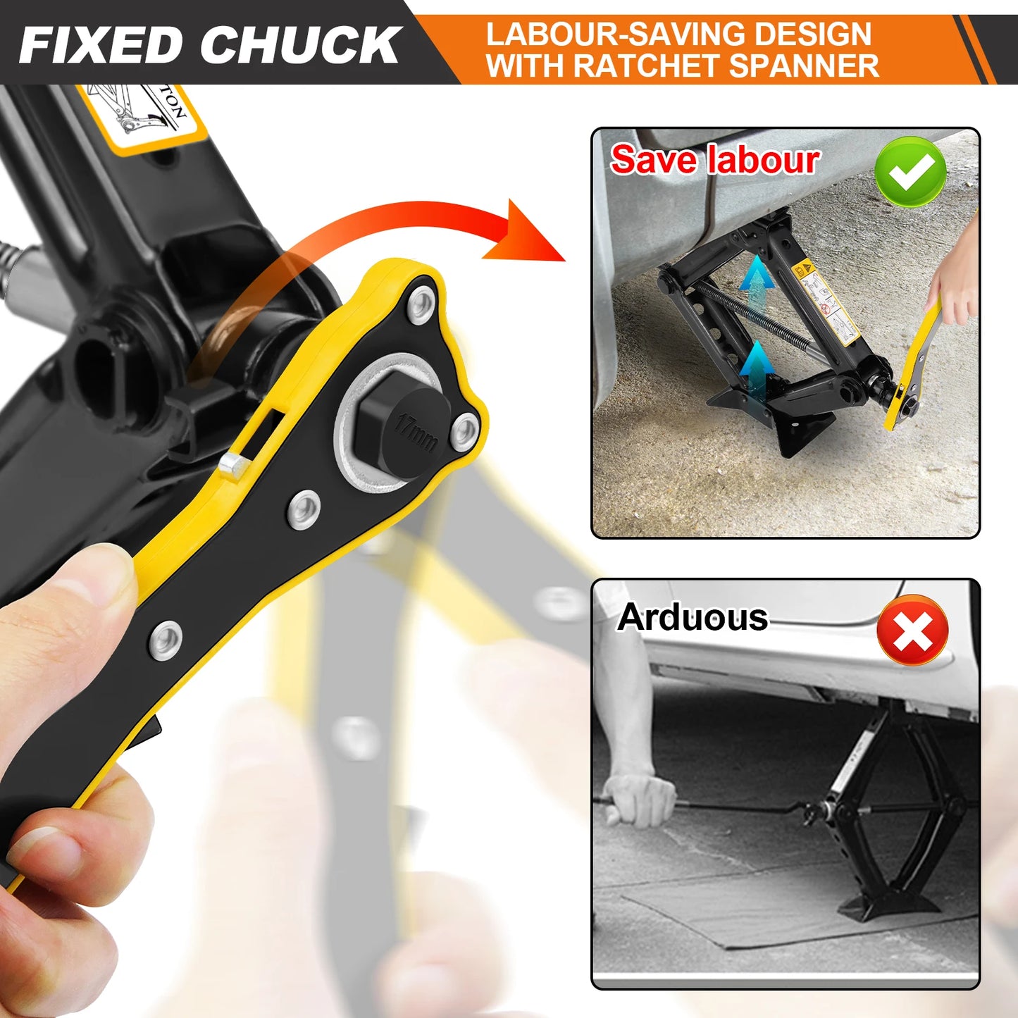 Car Scissor Jack 2T Auto Emergency Crank Lift Stand Labor-Saving Repair & Tire Replacement Tool with Wrench for SUV Vehicles