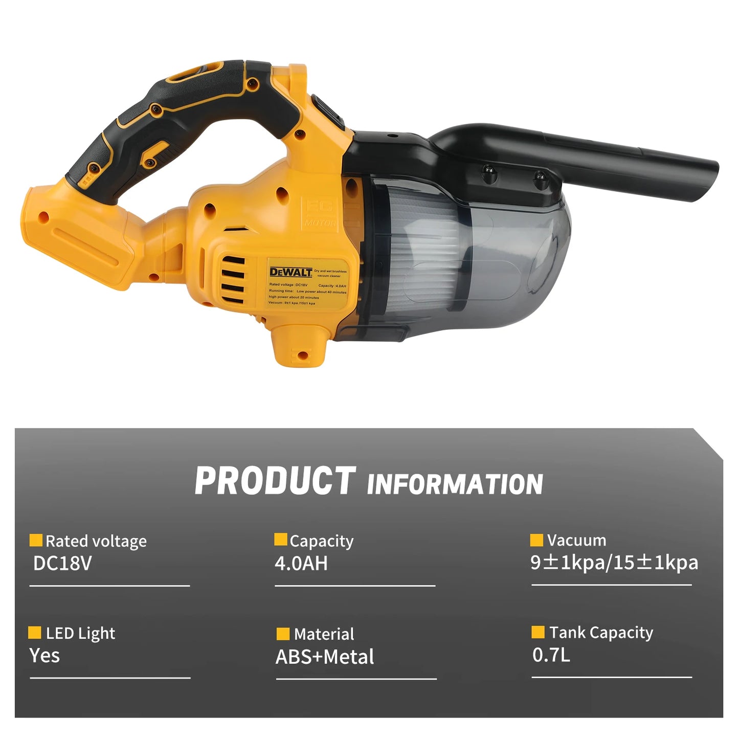 DEWALT 20V Cordless Vacuum Cleaner 18V powerful, LED Lighting, 0.7L Large Dust Cup,for Home and Car Interior Cleaning