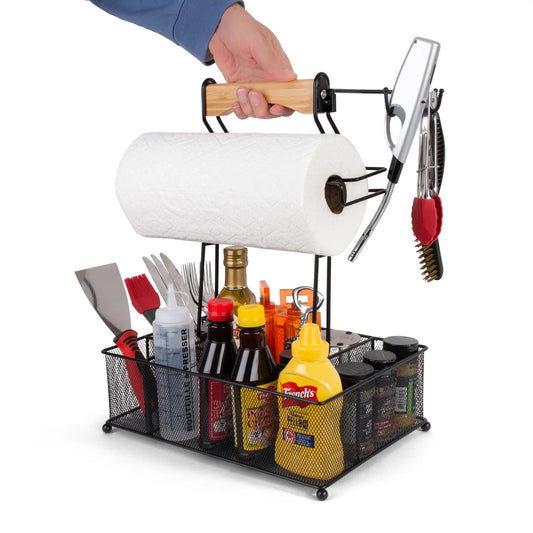 Black Grill Utensil Caddy Picnic Condiment Caddy BBQ Organizer Steel Caddy For Organizing Paper Towels