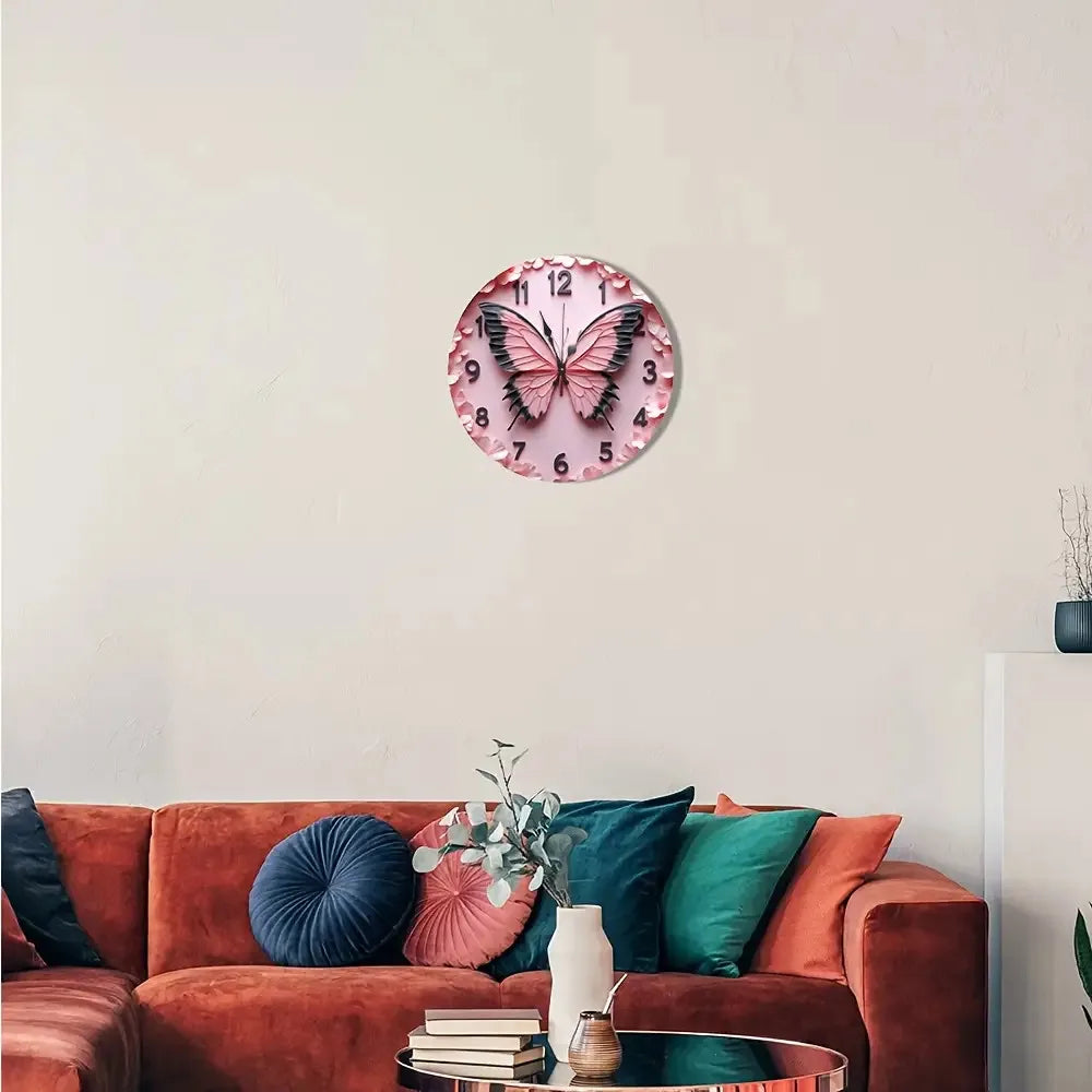 One Piece of a 9.84-Inch Wooden 2D Flat Pink Butterfly Wall Clock Featuring Black Hands And Large, Easy-To-Read Numbers. It Boas