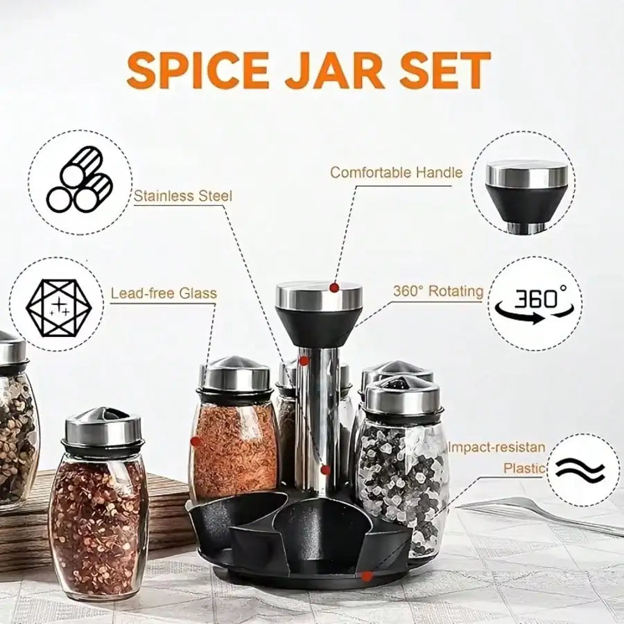 12pcs Glass Jar Set - Rotating Kitchen Spice Rack Organizer, Countertop Herb & Spice Carousel - Ideal For Kitchen Counter Accessories, Spice Organization, And Storage