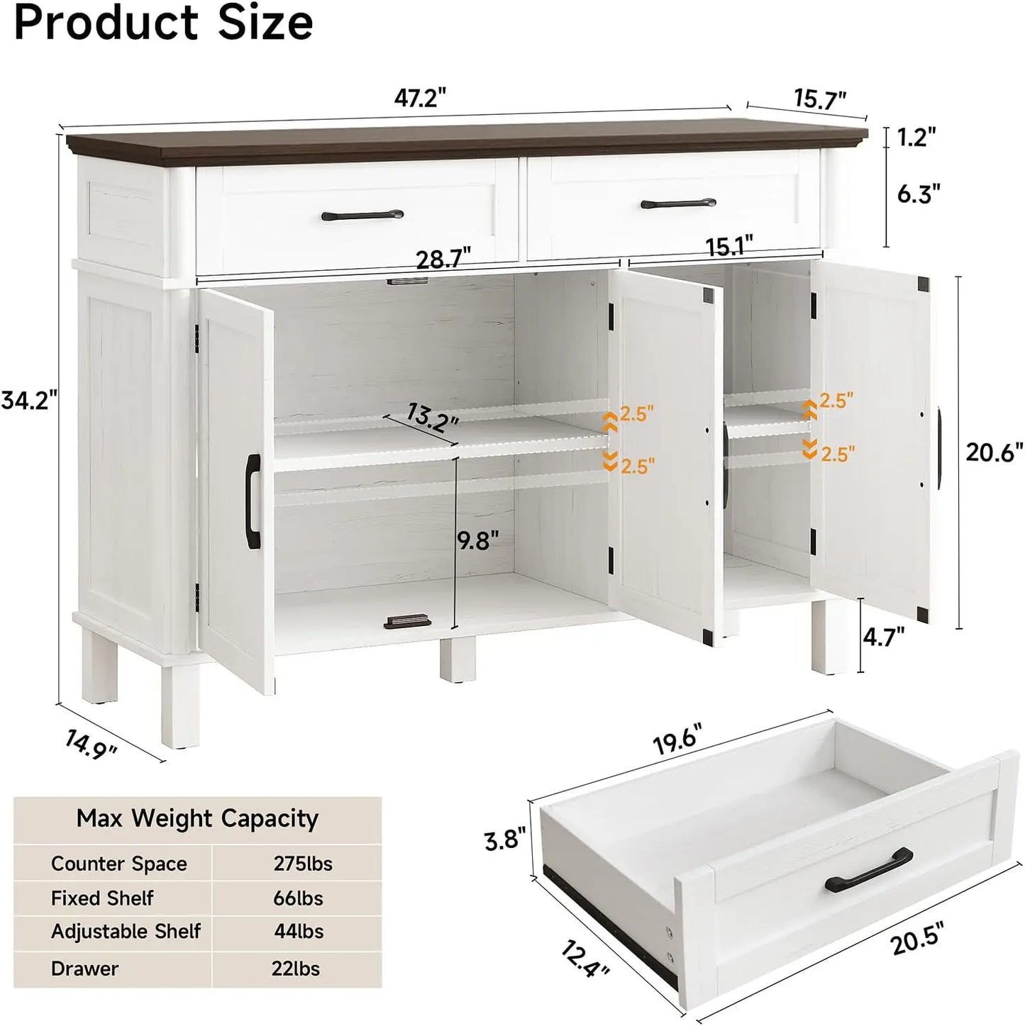 48 Inch Farmhouse Buffet Cabinet with 3 Doors & 2 Drawers, Wood Coffee Bar Storage Cabinet Adjustable Shelves for Kitchen Living Room