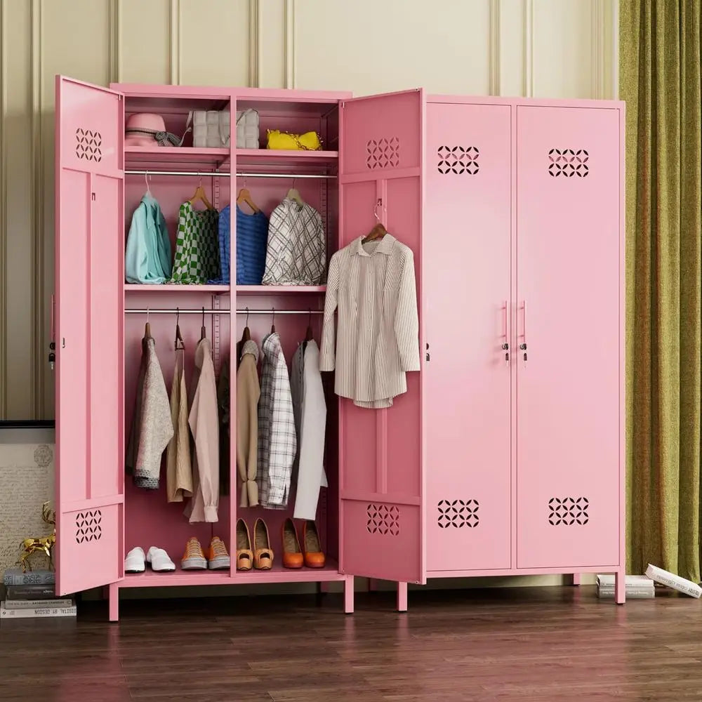 19 Deep Metal Wardrobe with 4 Shelves and 2 Hanging Bars, Pink, Assembly Required