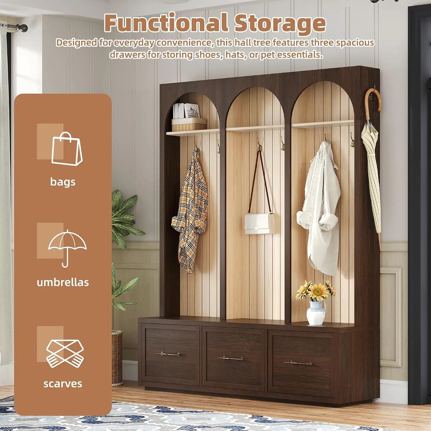 Farmhouse Wood Hall Tree with Shoe Bench & 3 Drawers, 4-in-1 Coat Rack 8 Hooks for Entryway, Hallway