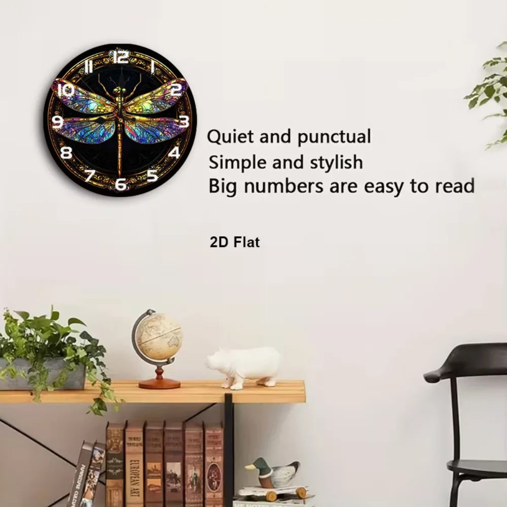 1pc 12-inch Stained Glass Dragonfly Wall Clock - Silent Non-Ticking Battery- Nursery Decor with Wood Frame, Pastel Colors Suitab