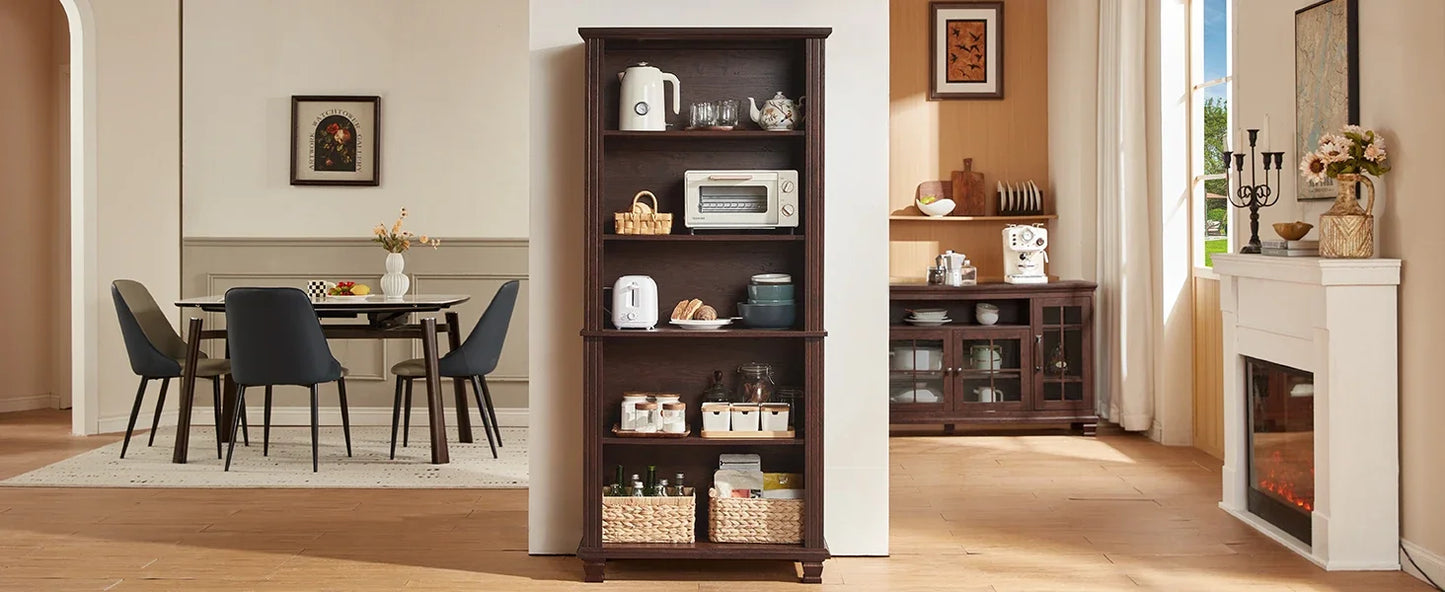 SAVOR LIFE 70" Tall Walnut Bookshelf,5 Tier Wooden Book Shelf with Adjustable Shelves & Wood Legs,Free Standing Farmhouse