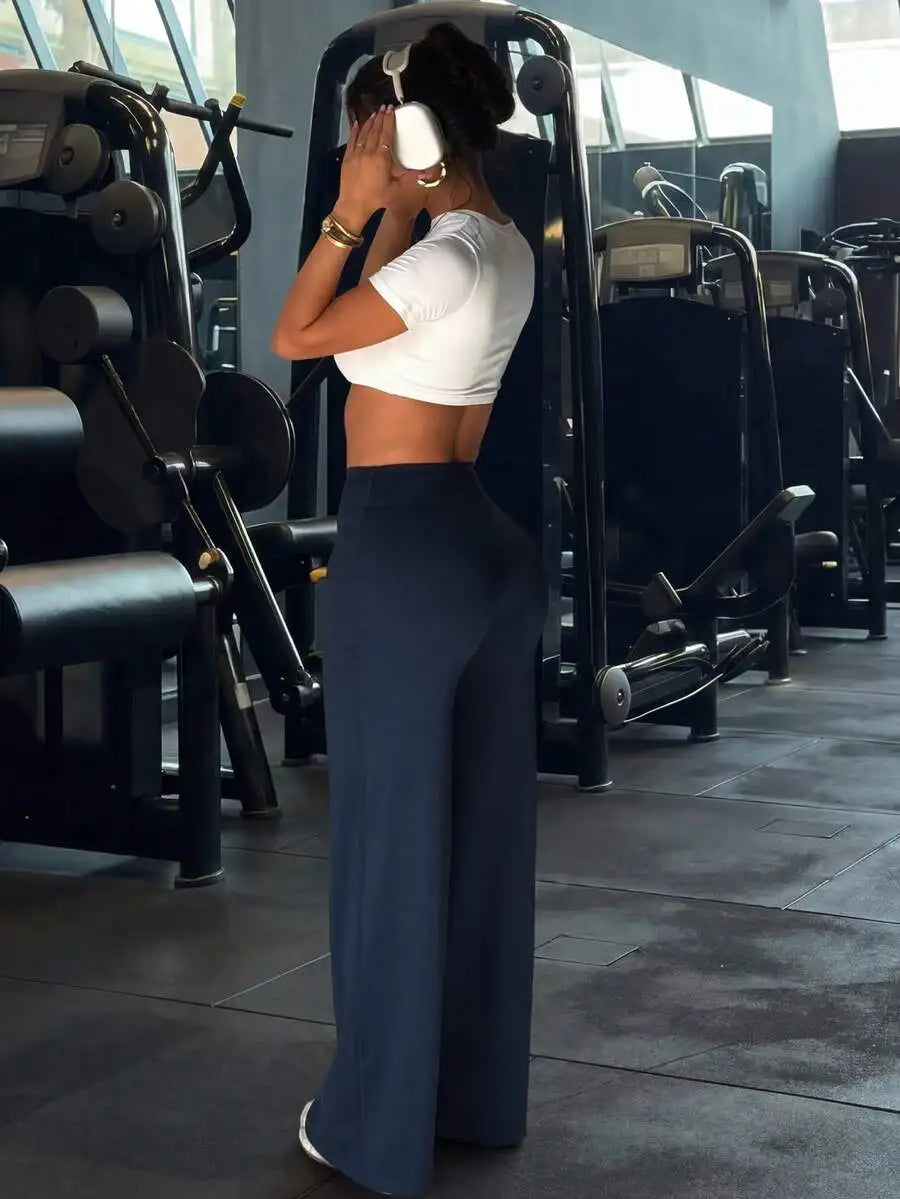 Women's High Waist Wide Leg Pants For Outdoor Exercise, Comfortable Sports Casual Leggings, High Elastic Flare Pants For Commuti