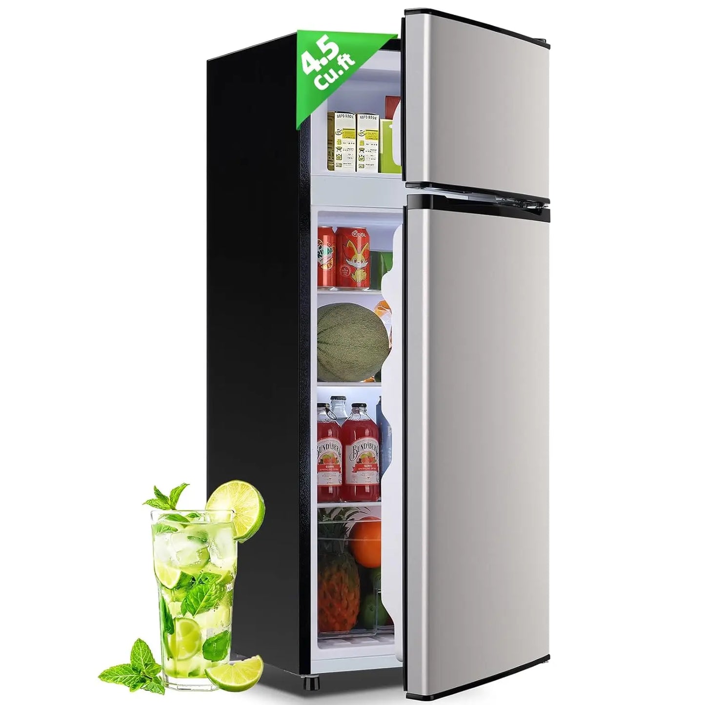 4.5Cu.ft Refrigerator with Freezer Two Door Fridge with Removable Glass Shelves, Crisper Drawer & Extra, Customized